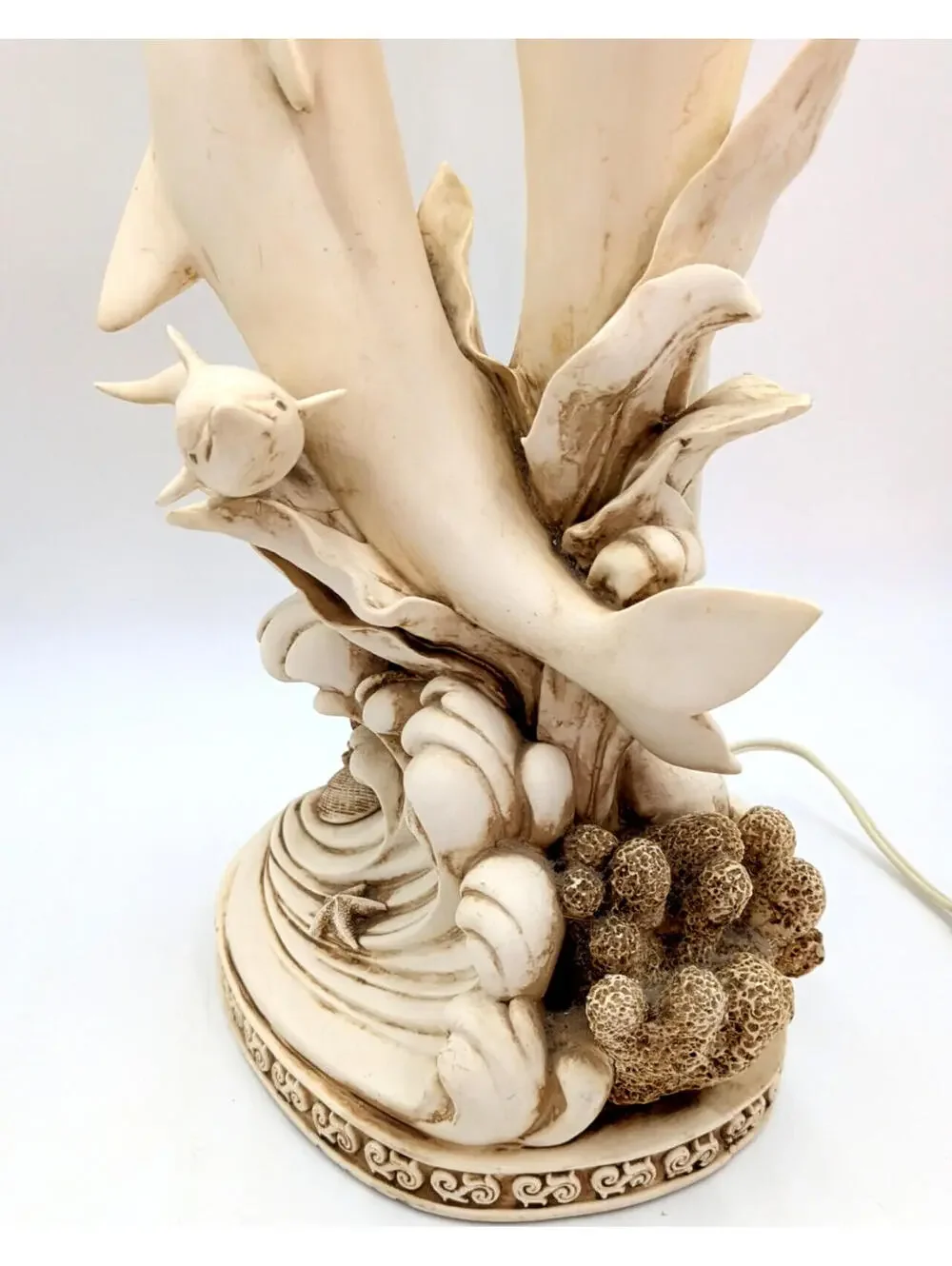 VTG Ceramic Sculpted 3D Dolphins Table Lamp 3 Lights Glass Tulip Shades 30